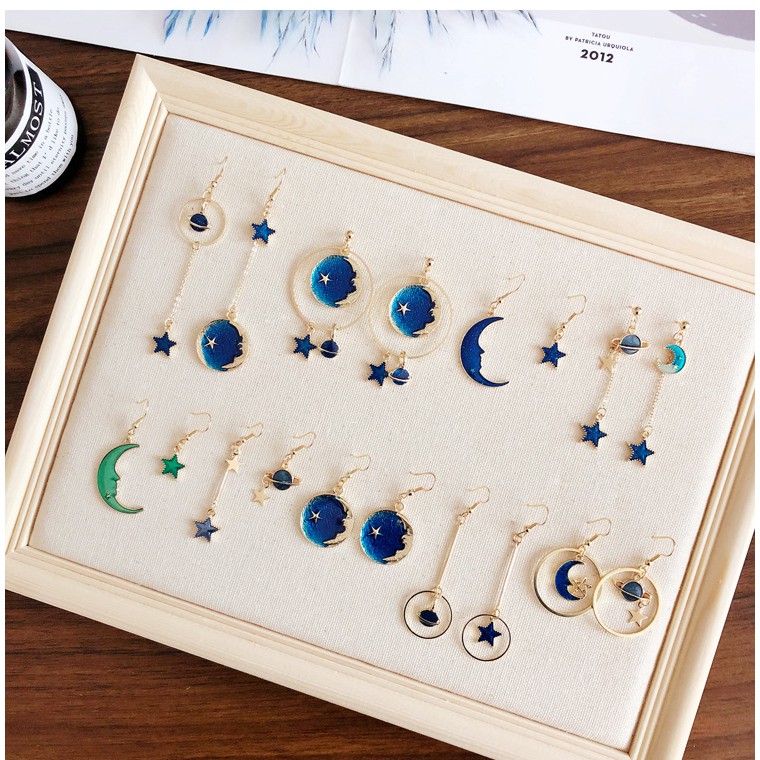 Khuyên Tai Bất Đối Xứng Hình Ngôi Sao Mặt Trăng Thời Trang