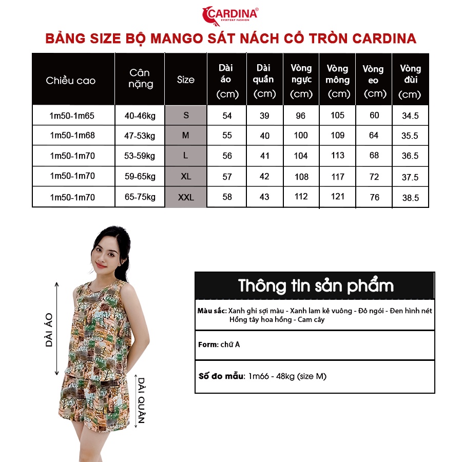 Đồ Bộ Nữ 𝐂𝐀𝐑𝐃𝐈𝐍𝐀 Chất Chất Lụa Mango Cao Cấp Quần Đùi Cài Cúc Có Khóa Áo Sát Nách Họa Tiết 2MF08