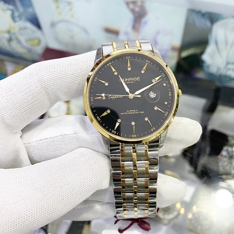 Đồng Hồ Nam Sunrise Dây Kim Loại Mặt Đen Full Hộp - Tặng Pin Dự Phòng Chính Hãng Nhật Bản