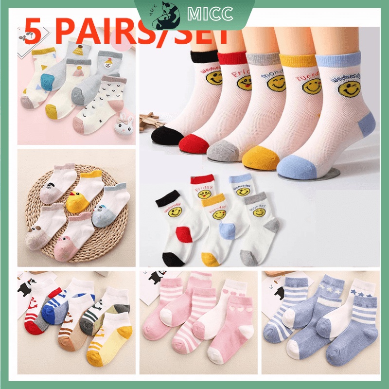 Set 5 đôi vớ cotton phối lưới thoáng khí họa tiết dễ thương thời trang mùa hè cho bé