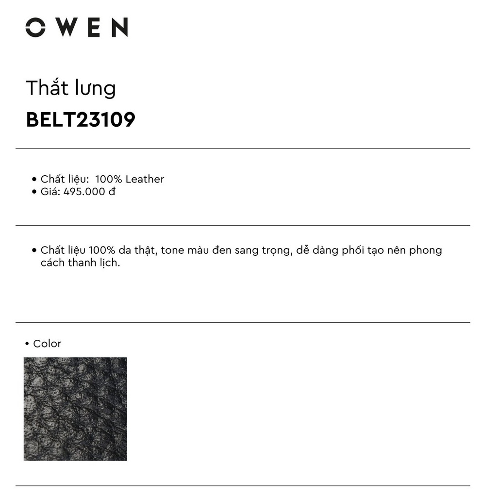 (SALE SỐC) Thắt Lưng Nam Owen BELT23109 Dây Lưng Nam Da Thật Mặt Khóa Kiểu Trượt Tự Động Màu Đen