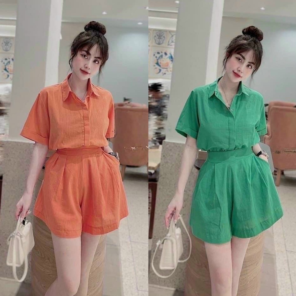 Set bộ đồ nữ áo sơ mi tay ngắn mix quần đùi ống rộng cùng tone đơn giản, cá tính cute dành cho các nàng đi chơi, dạo phố