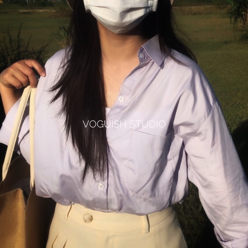 Áo Sơ Mi Vải Cotton Hàn Dài Tay Màu Tím Pastel / Lavender Dành Cho Nữ