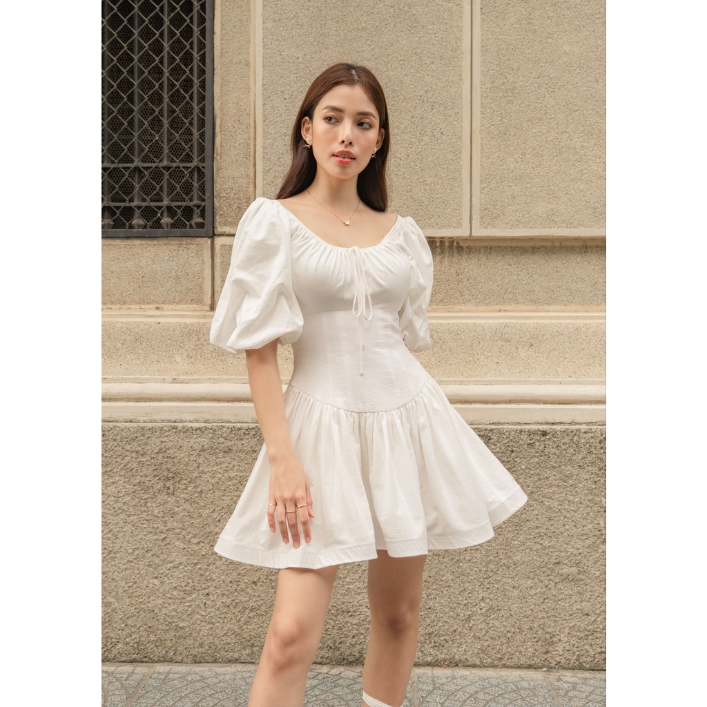 Đầm linen trắng xoè tay phồng - belle dress - dearie.club