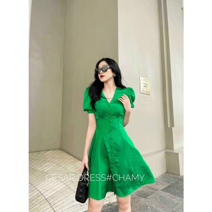 Đầm Xòe Cổ Tim Phối 1 Hàng Nút Bọc Màu Xanh Chất Phi Lụa Có Mút Ngực Mặc Đẹp Tôn Dáng [NEW UNISEX]