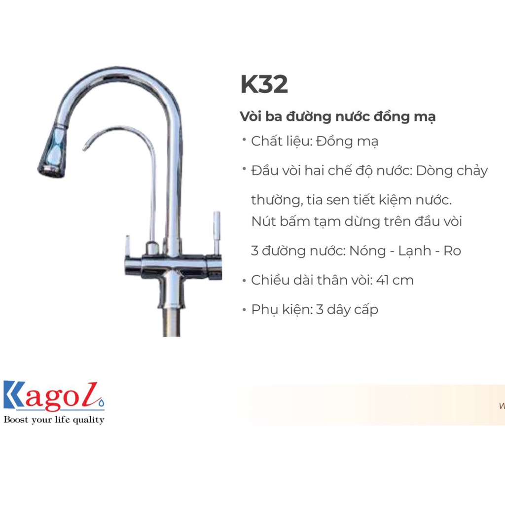 [CHÍNH HÃNG] Vòi rửa bát, rửa chén dây rút 3 đường nước Kagol K32