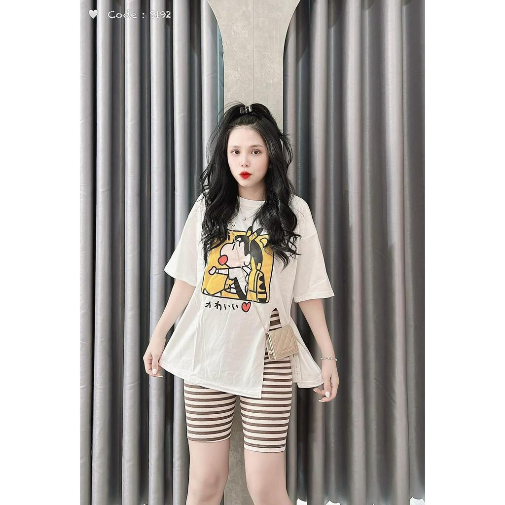 set bộ áo thun form rộng xẻ tà bên in hình quần lửng sọc ôm