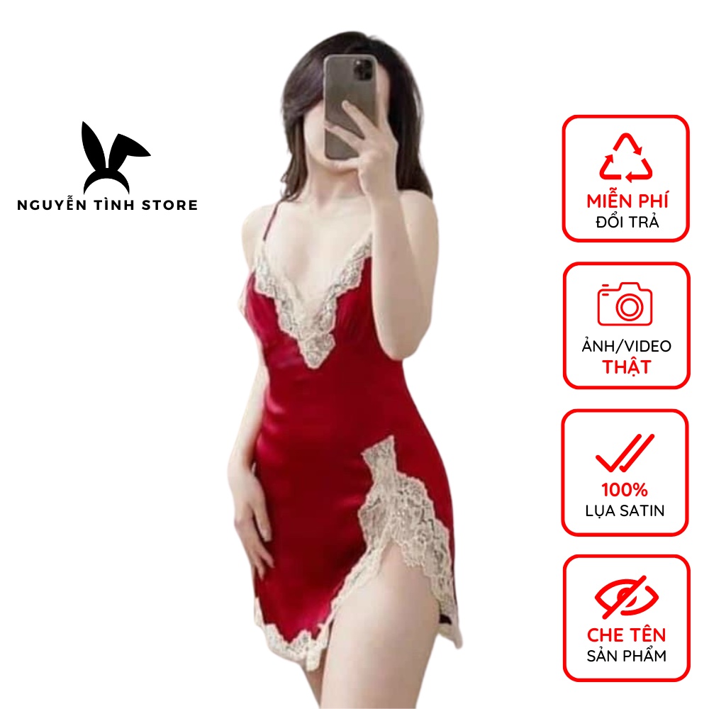 Váy ngủ 2 dây gợi cảm sexy lụa satin Nguyễn Tình Store đầm ngủ xẻ đùi phối ren Freesize tặng kèm quần đùi xinh xắn