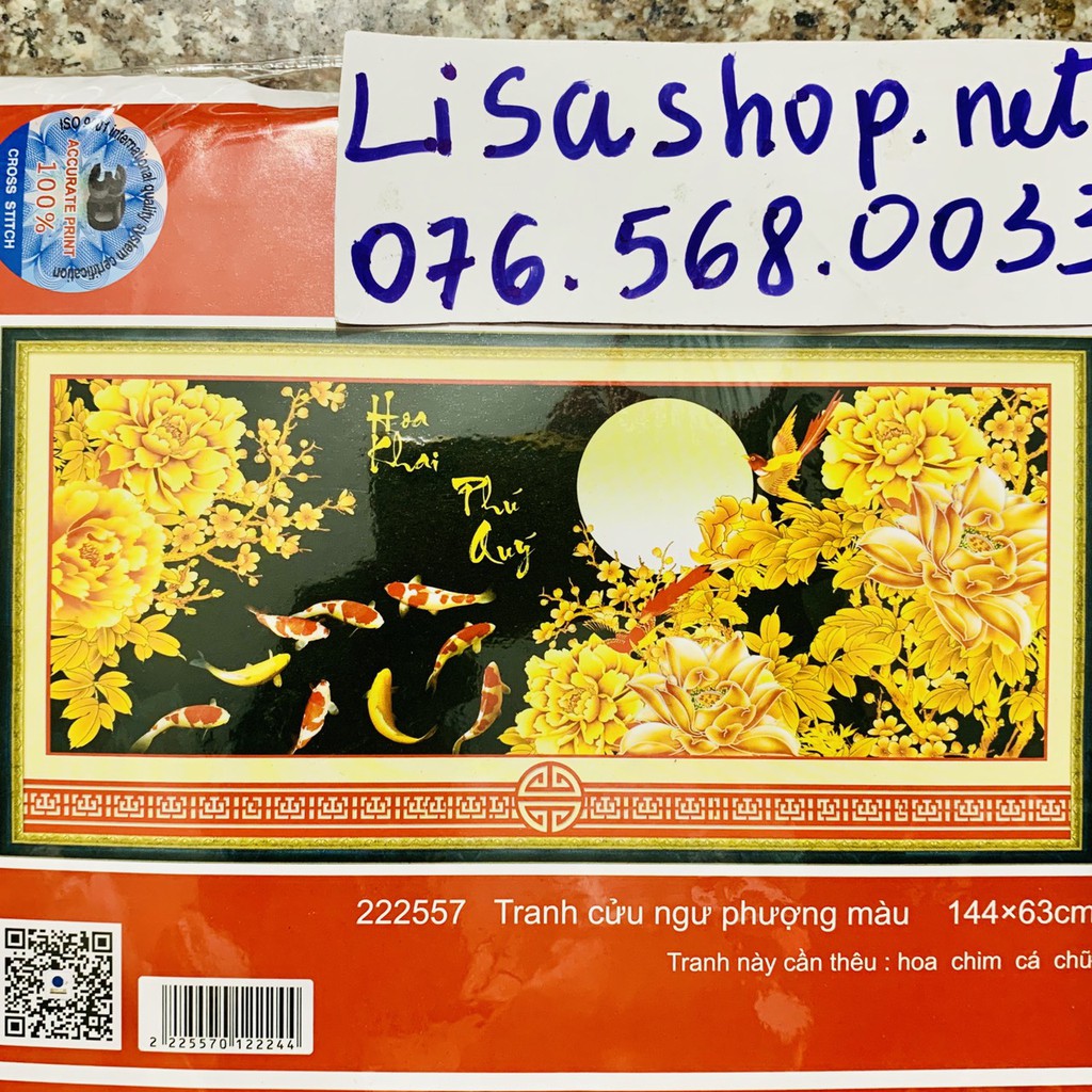 Tranh thêu chữ thập HOA KHAI PHÚ QUÝ 144x63cm chưa thêu 3d dlh 222557