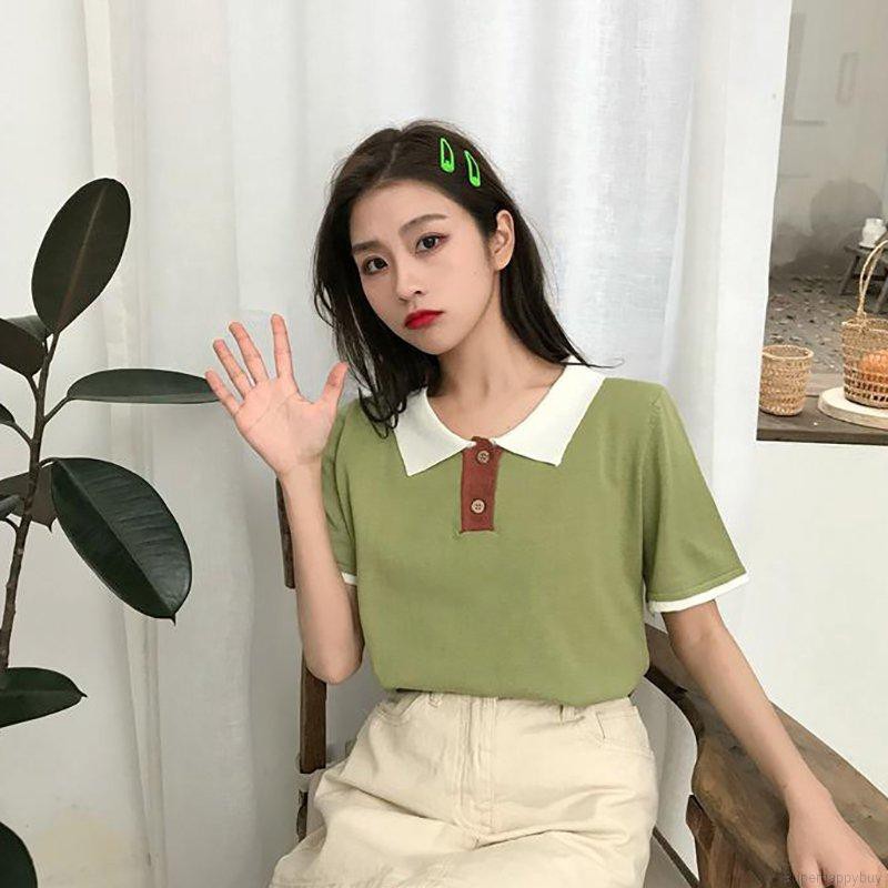 Áo thun nữ cổ sơ mi ngắn tay dáng rộng màu trơn ngọt ngào