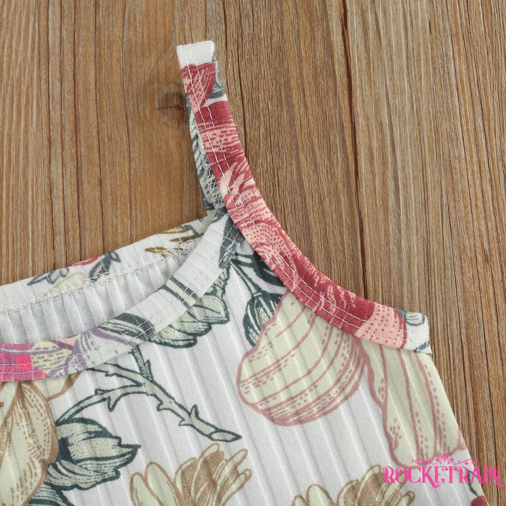 ✨At✦Set Đồ Mùa Hè 2 Món Gồm Áo Hai Dây In Hoa + Quần Dài Ống Loe Cho Bé Gái