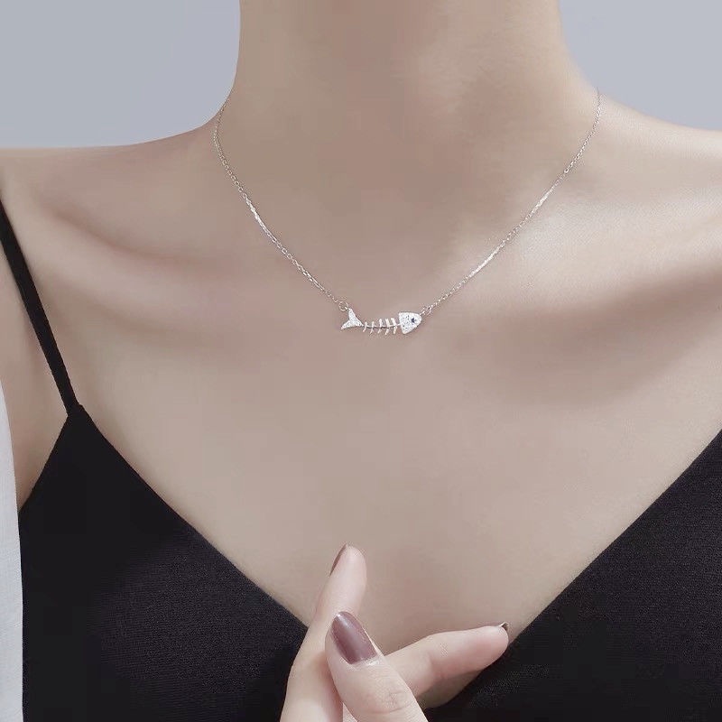 Dây chuyền xương cá, (Full box) vòng cổ titan không đen gỉ DC15