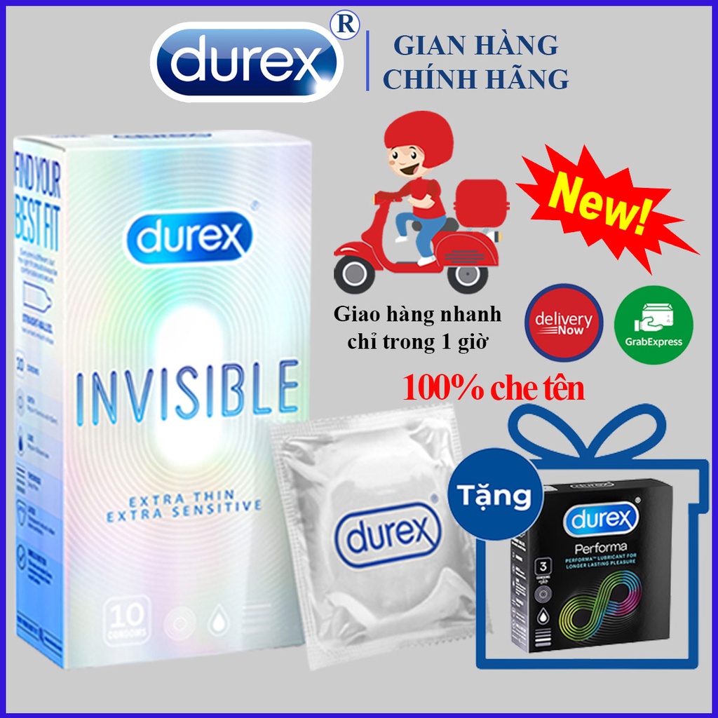 [ FREESHIP BCS DUREX ] Hộp Lớn Bao cao su Durex invisible 1 hộp 10 bao siêu mỏng_baocaosu_durex ( tặng 1  bcs durex nhỏ)