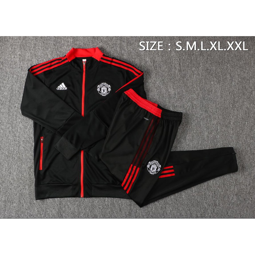 Set Đồ Thể Thao Màu Đen Gồm Áo Khoác Tay Dài Và Quần Dài Có Khóa Kéo Phong Cách Manchester United 2021 / 22