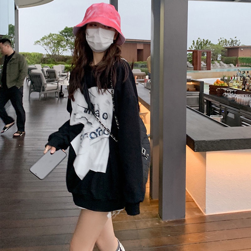COZOK Áo nỉ tay dài dáng rộng phong cách Hàn Quốc