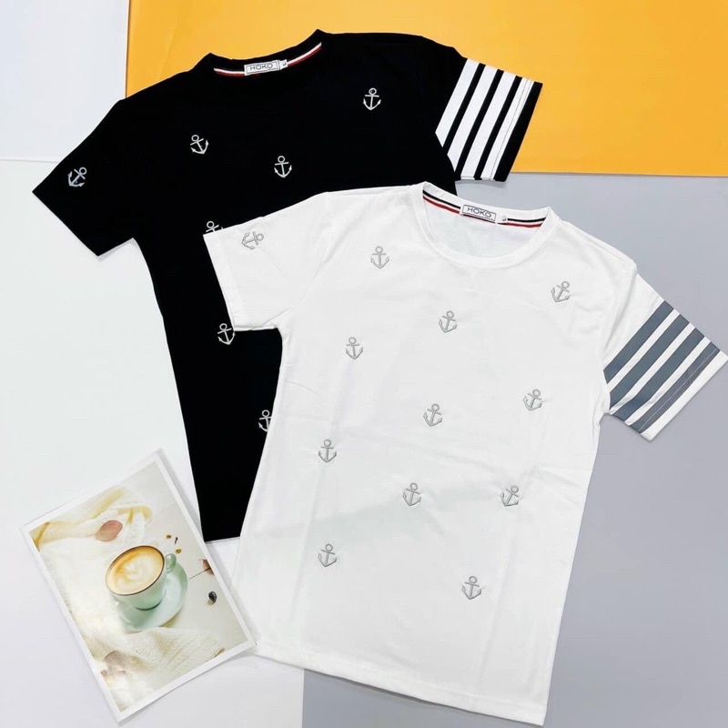 Áo Thun Cotton Nam Nữ Cọc Tay Thêu Mỏ Neo Phối Sọc Tay CTTN