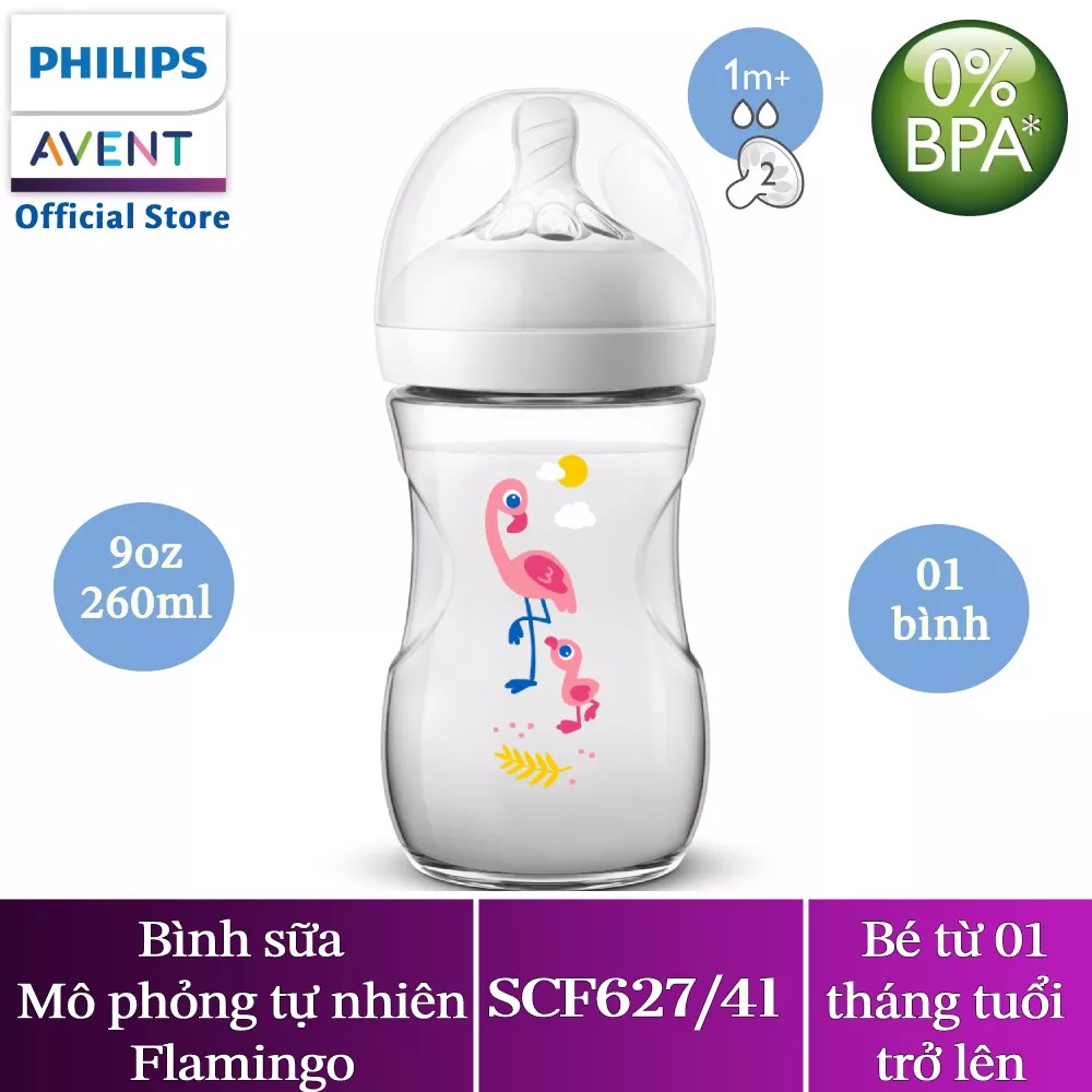 Bình sữa mô phỏng tự nhiên Flamingo 260ml - đơn SCF627/41