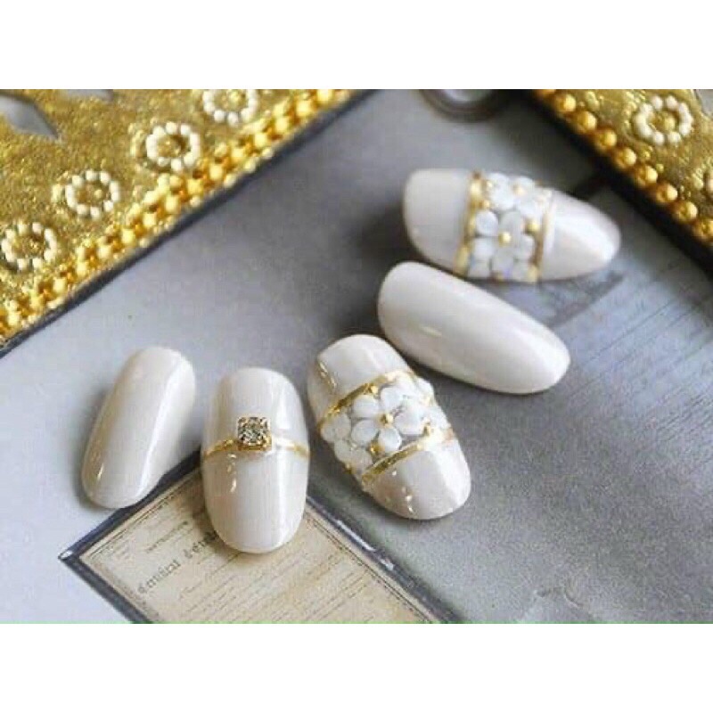 Sét hoa sứ Cheap Nail, phụ kiện trang trí móng, hoa sứ trắng làm nail bi vàng trắng