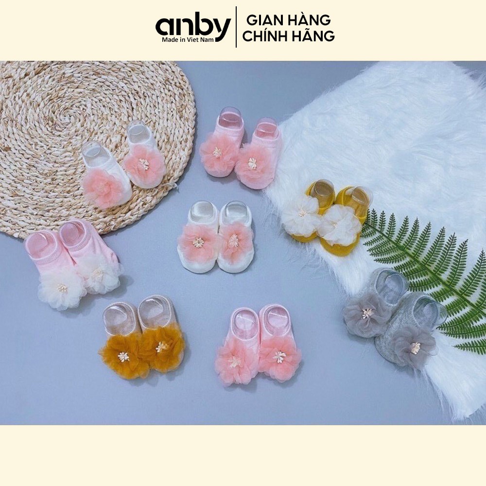 Tất vớ trẻ em ANBY cotton chống trượt đính hoa 3D xinh xắn cho bé gái từ sơ sinh đến 18 tháng tuổi