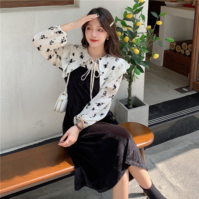 Đầm PERTY phối ren cổ thắt nơ size lớn phong cách Hàn Quốc thời trang xinh xắn dành cho nữ