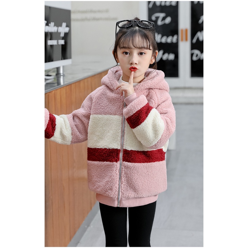 Áo khoác len dày IQ ANGEL ấm áp thời trang phối màu tương phản cho bé gái