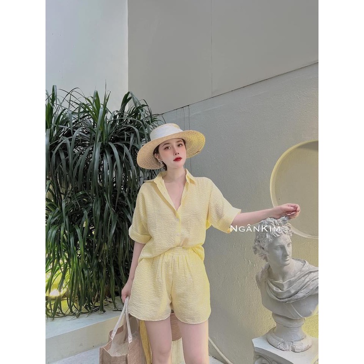 Set bộ sơ mi đũi xốp kẻ thụng xẻ tà ngắn tay đồ bộ nữ ulzzang unisex LT851