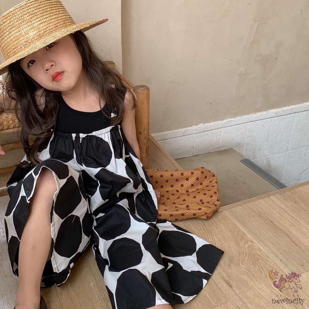 Áo liền quần Sát Nách Ống Rộng Họa Tiết Chấm Bi Thời Trang Mùa Hè Hàn Quốc Cho Bé Gái