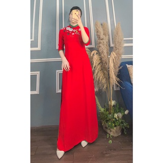 Áo dài lụa mỹ đính hoa kèm quần