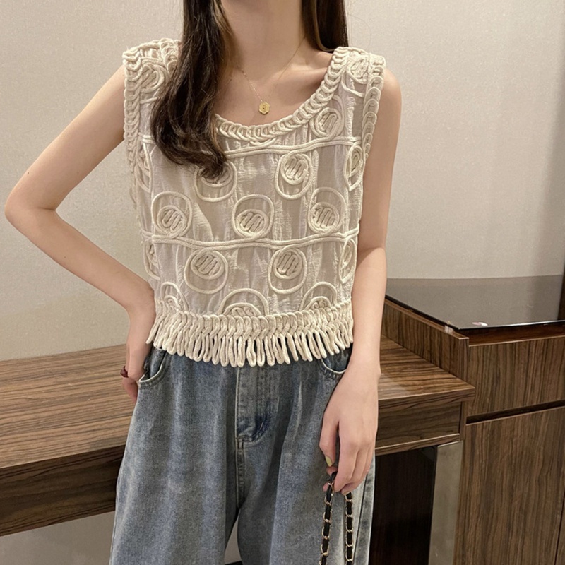 Xiangbao Áo Crop Top Dệt Kim Không Tay Khoét Lỗ Phối Tua Rua Tròn Cho Nữ