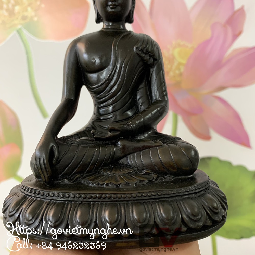 Tượng đá trang trí phòng thờ Đức phật Thích ca ngồi trên tòa sen thiền ấn - Xúc địa ấn | Chiều cao 14cm - Màu nâu đen
