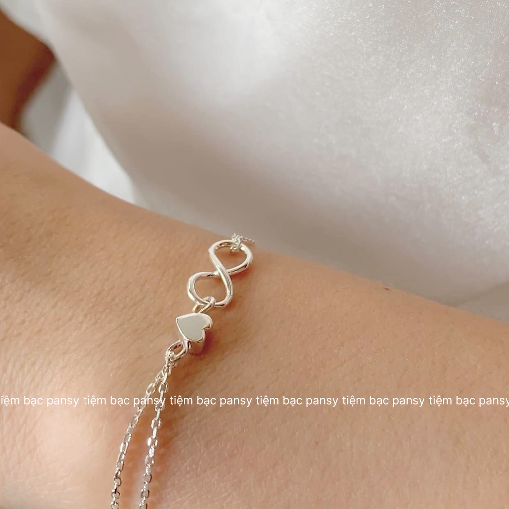 Lắc tay bạc nữ PANSY kí hiệu vô cực nối trái tim, vòng tay dây đôi bạc thật cao cấp