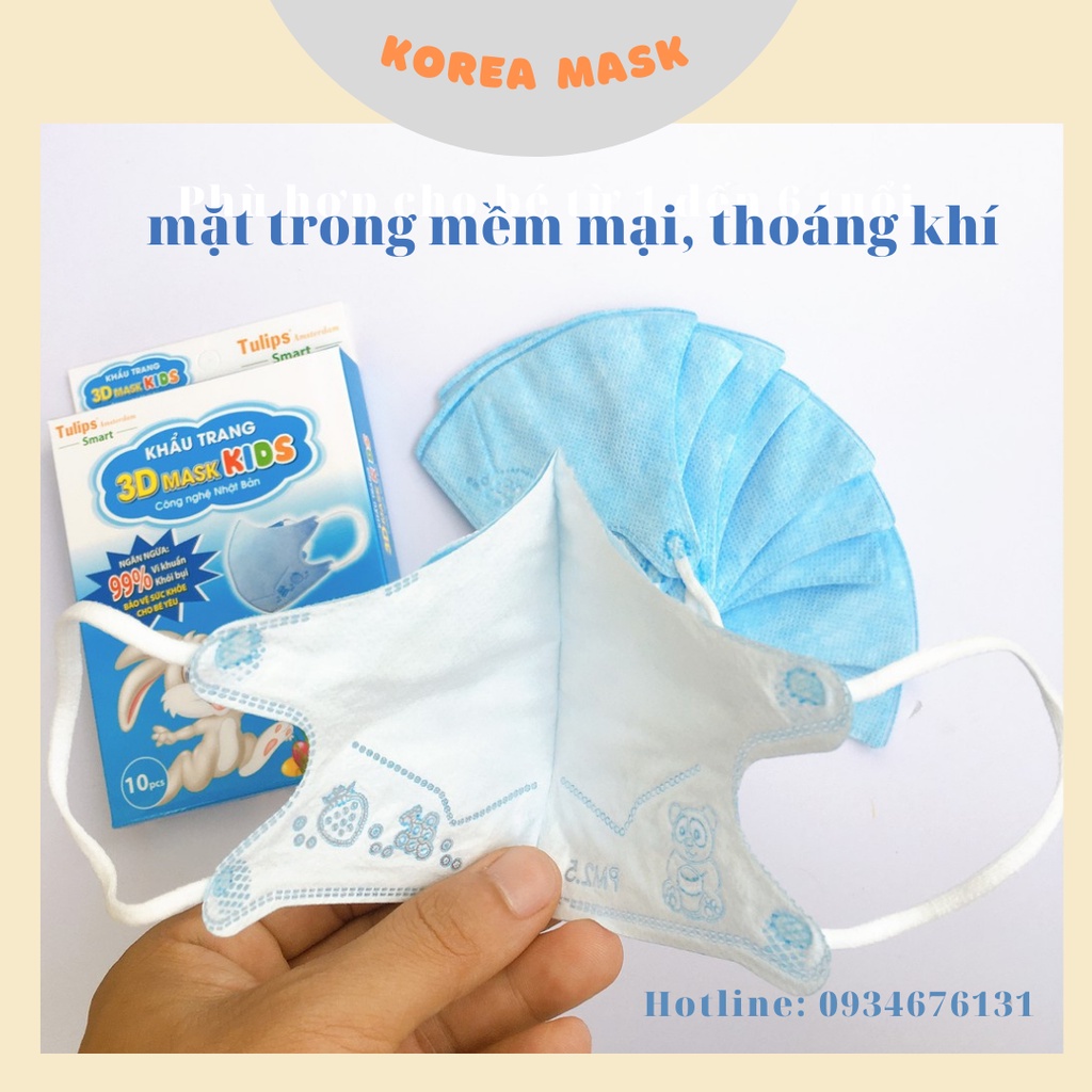 Khẩu Trang Cho Bé Tulip 3D Mask Kid kháng khuẩn cho bé từ 6 đến 12 tuổi màu xanh lam