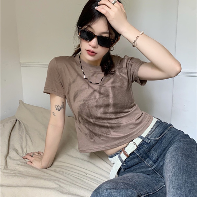 Áo Thun Nữ Tay Ngắn Dáng Ôm Màu Nhuộm Thời Trang