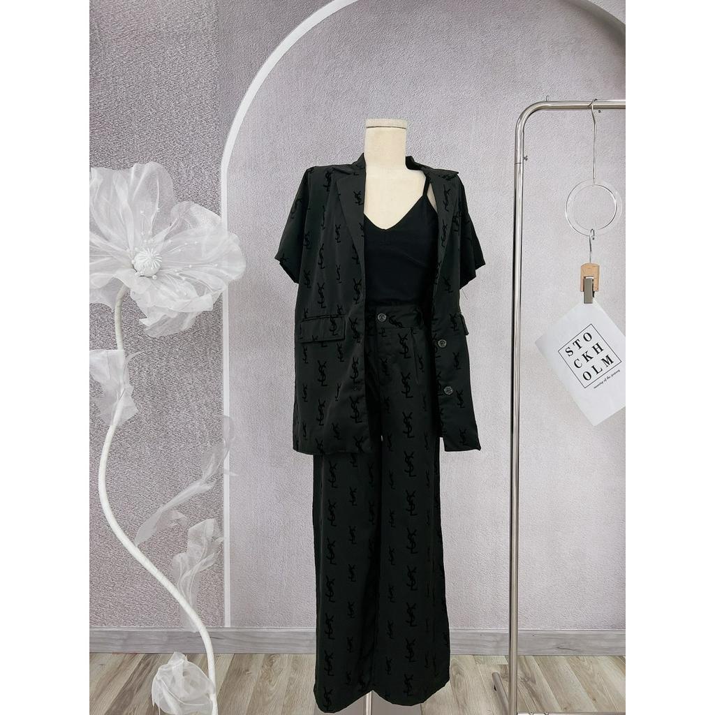 SET VEST ĐEN 3 MÓN CHỮ: ÁO VEST TAY NGẮN ĐEN + ÁO LÓT 2 DÂY + QUẦN SUÔNG CHỮ (TH)