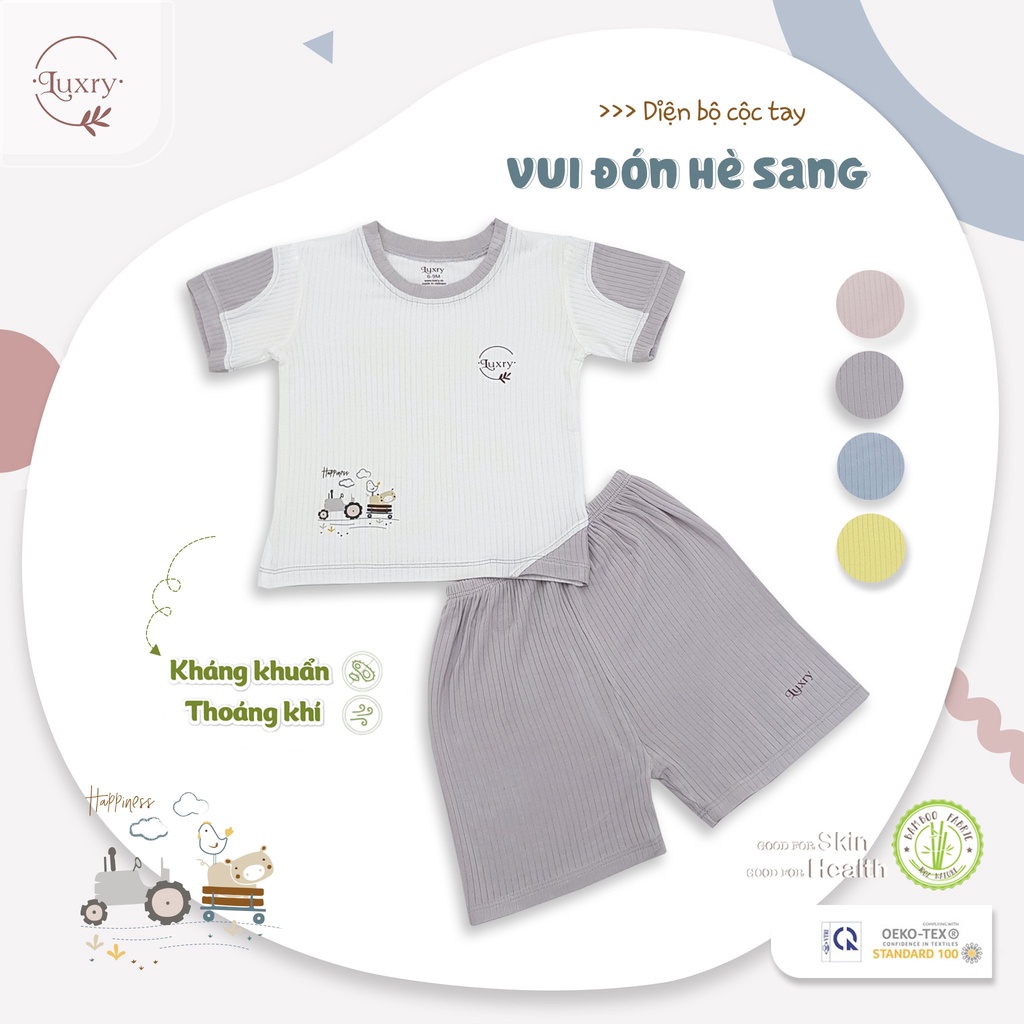 Bộ cộc tay cổ tròn chất liệu vải sợi tre nhà Luxry cho bé từ 3 tháng đến 4 tuổi