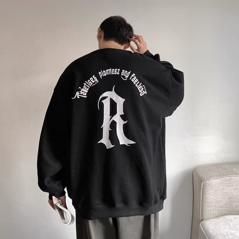 Áo Sweater Dáng Rộng Cổ Tròn Tay Dài Oversize In Logo Font Arc Và Hoa Màu Mơ Sữa