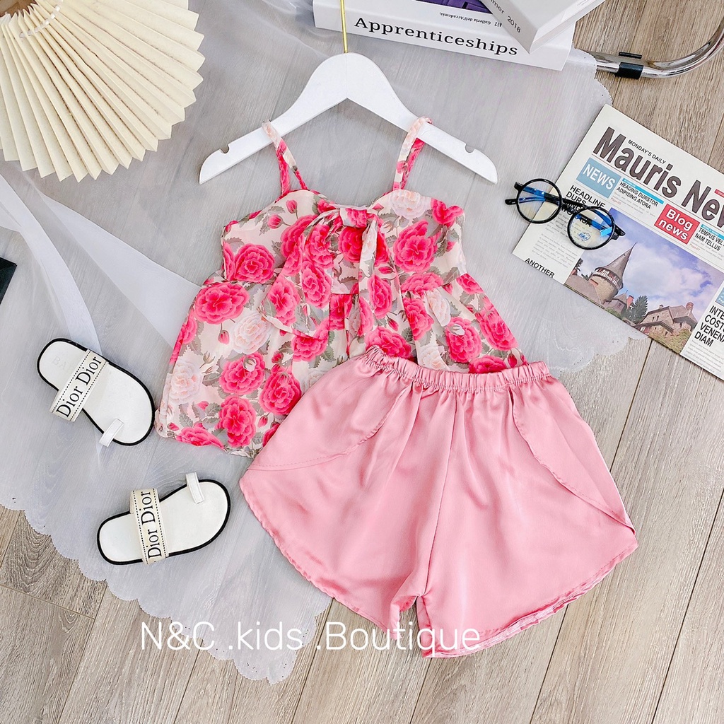 Bộ lụa hoa 2 dây bé gái