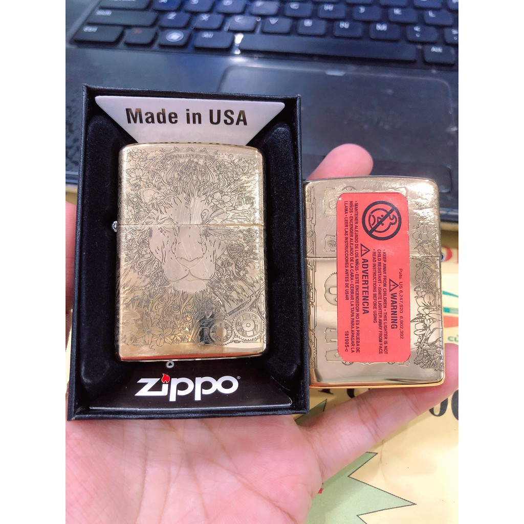 VỎ BẬT LỬA ZIPPO ARMORR KHẮC ĂN MÒN 5 MẶT SƯ TỬ- VỎ DÀY - MÀU VÀNG