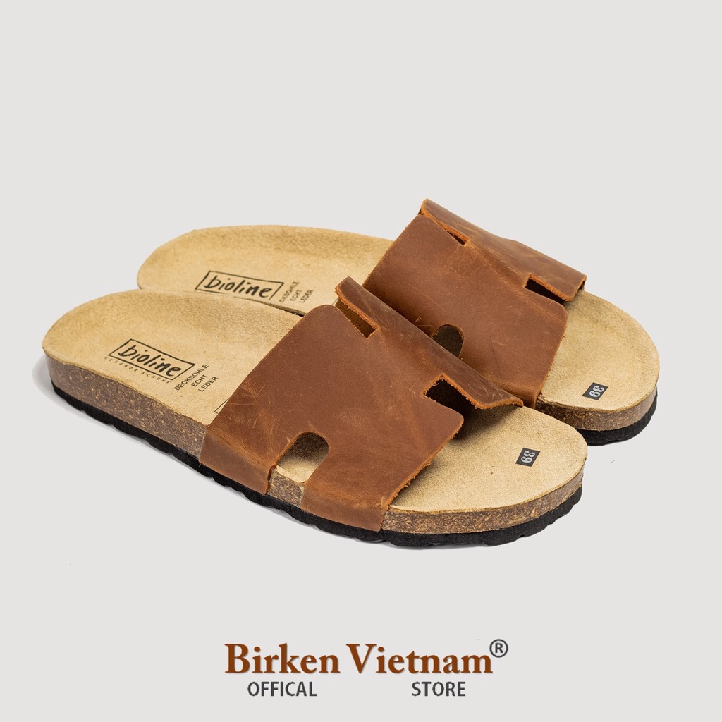MÃ D04 DÉP DA BÒ THẬT Đế Trấu Quai Chữ H Unisex Birken Vietnam Bioline