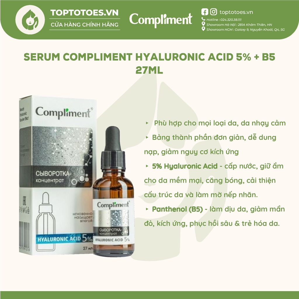 Serum Compliment Hyaluronic Acid 5% + B5 cấp nước, giữ ẩm, phục hồi 27ml