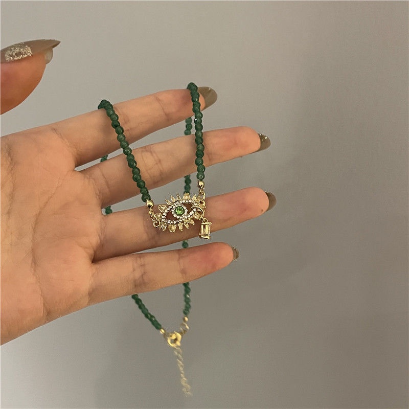 Vòng cổ Chuỗi Hạt Ngọc Trai Mặt Kính Chữ Thập Đính Đá Mắt Quỷ Thủ Công Kiểu Bohemian Pháp