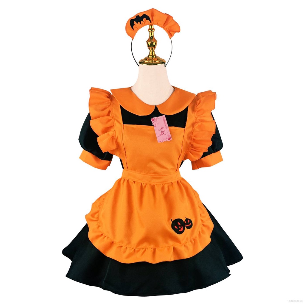 Trang phục cô hầu gái Halloween thêu bí ngô và dơi cosplay ma cà rồng/ phù thủy quyến rũ cho nữ