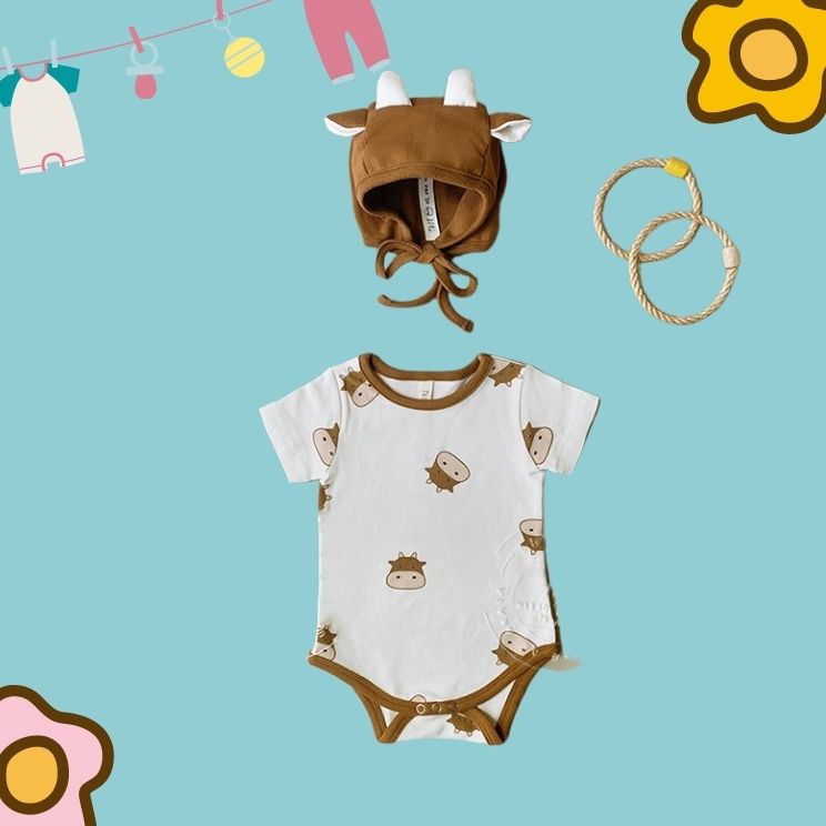 Combo 2 bộ body suit tay cộc hình trâu và hổ ngộ nghĩnh cho bé chất 100% cotton size 3-12kg TE20