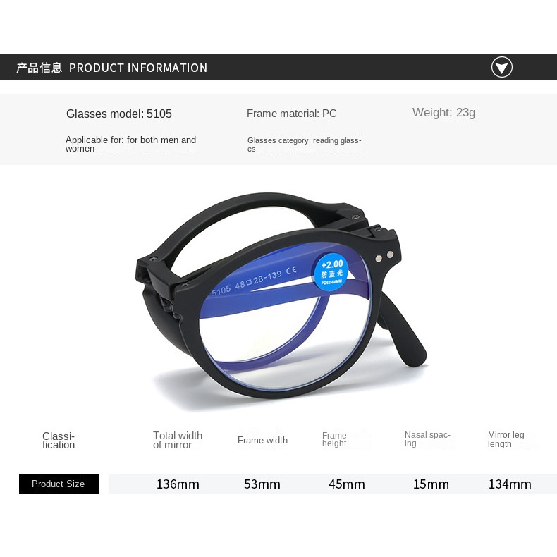 [+100°~+400°Kính Đọc Sách Chống Mỏi Mắt Thiết Kế Thoải Mái Gấp Gọn Tiện Dụng Cho Nam Và Nữ