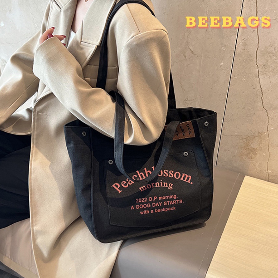 Túi Tote Canvas Basic Đựng Vừa Laptop, Tài Liệu Đi Học Đi Làm | TOTE12 | Túi Tote Đeo Vai Có Ngăn Ngoài Dễ Phối Đồ