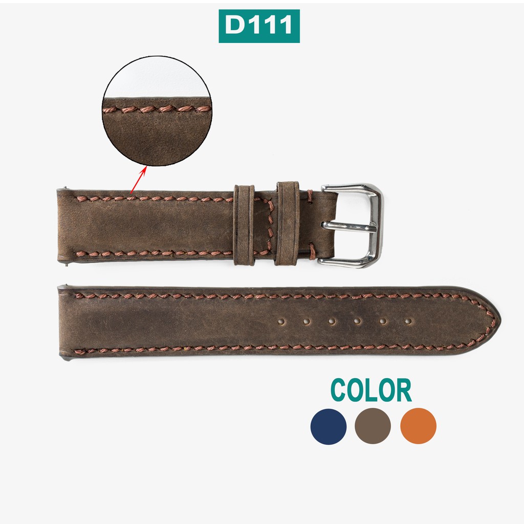 Dây da đồng hồ nam da bò Vintage-khâu tay thủ công D111 size 18mm, 20mm, 22mm, 24mm-Bụi leather