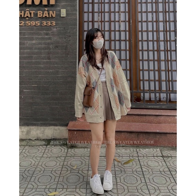Áo khoác CARDIGAN len kẻ trám dày dáng rộng oversize