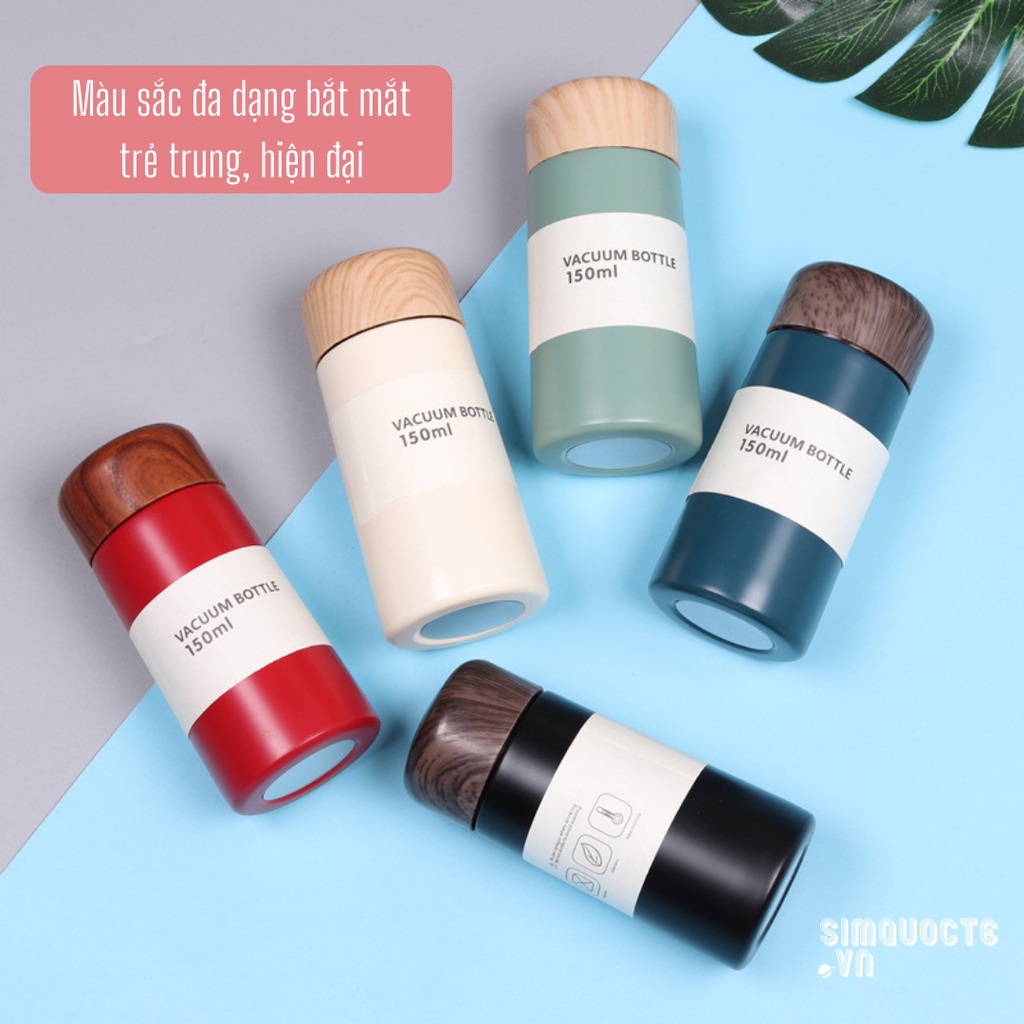Bình Giữ Nhiệt Cầm Tay VACUUM BOTTLE Nắp Vân Gỗ Dung Tích 150ML Tiện Lợi Mang Theo Đi Làm, Dã Ngoại