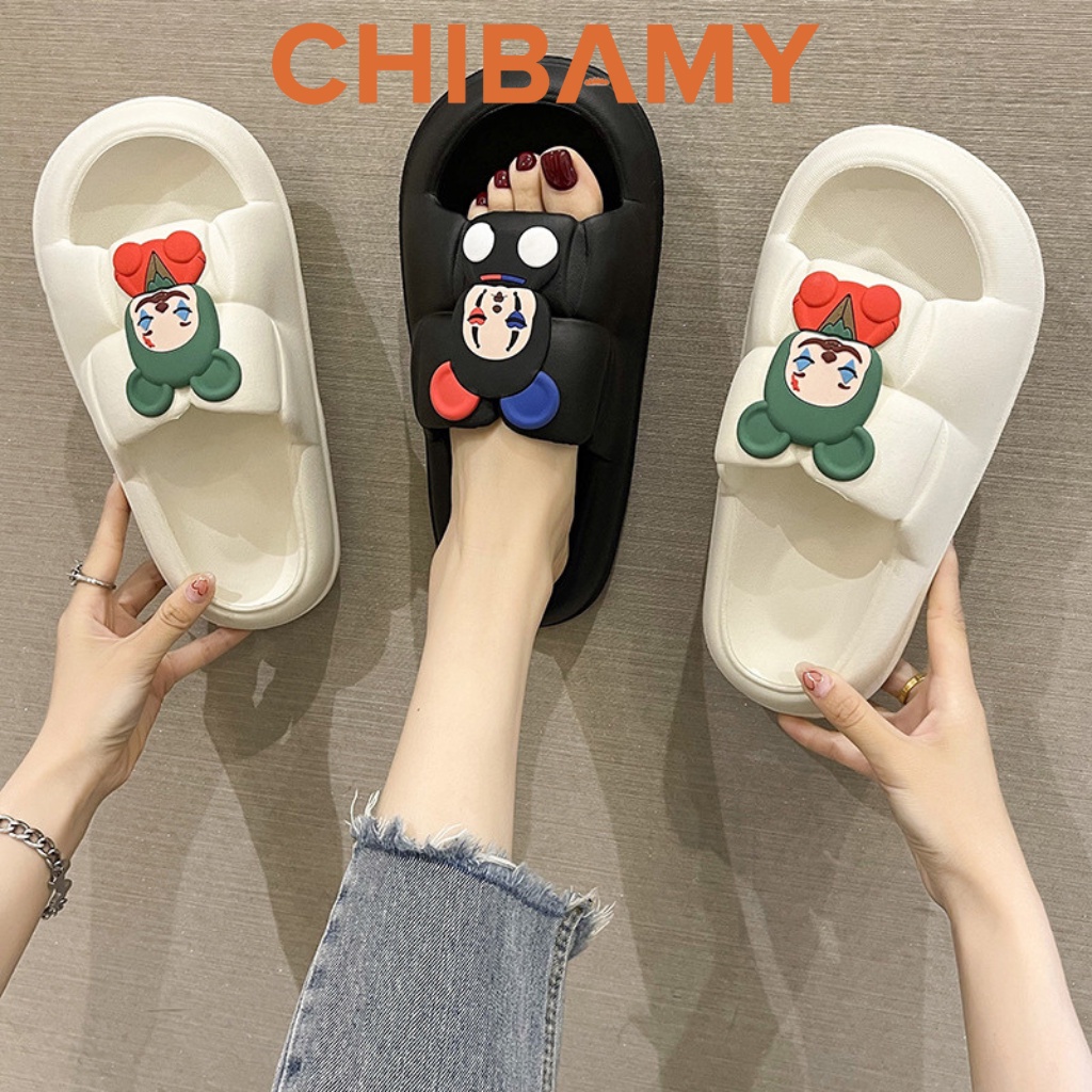 Dép bánh mì nữ Đế sóng cao 4cm CHIBAMY gắn sticker mặt Gấu hề mẫu mới