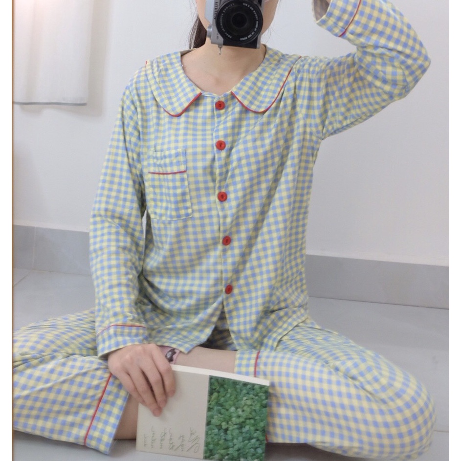 Set đồ ngủ dễ thương sọc caro xanh chất vải cotton co giãn nhẹ ( hình ảnh 100% do Pinky tự chụp)